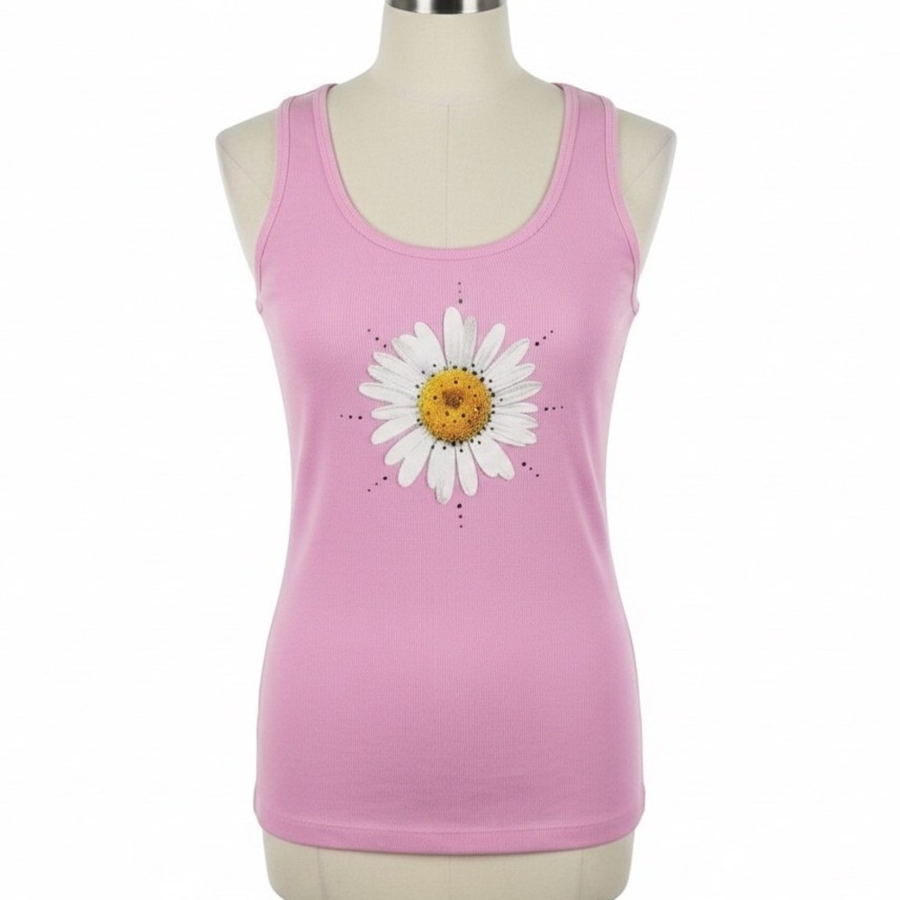 Chaus Tank Top Large Pink Daisy Ribbed Y2K Coquette Soft Girl Floral Rhinestone